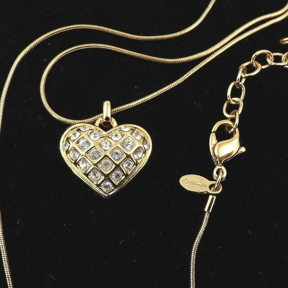 Vintage 90s Monet Rhinestone‎ Quilted Puffy Heart Gold Tone Necklace Snake Chain